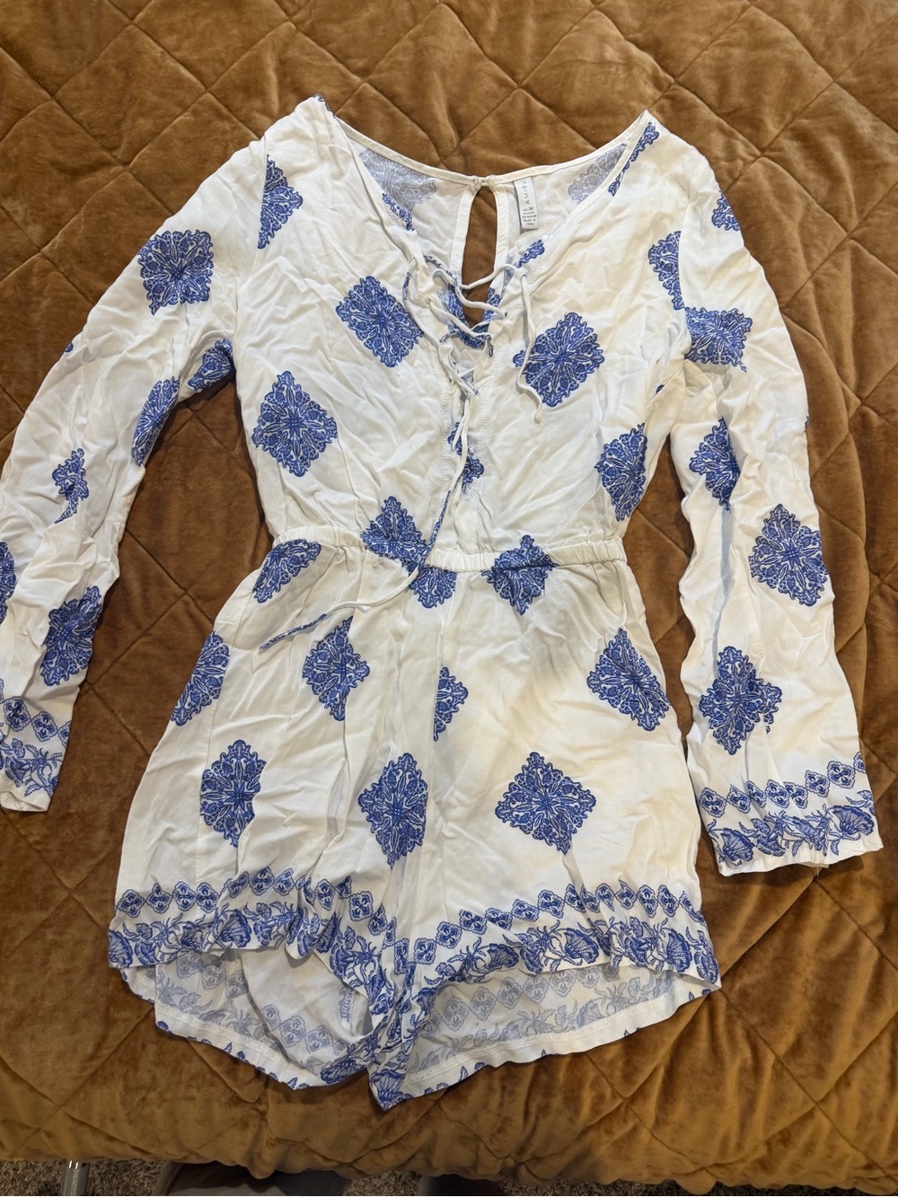 White Romper with Blue design and Lace-Up V-Neck